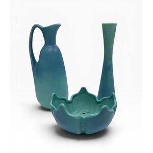 Vintage Van Briggle Pottery Turquoise 3 Pc Set Vase Pitcher Flower Frog MCM Blue